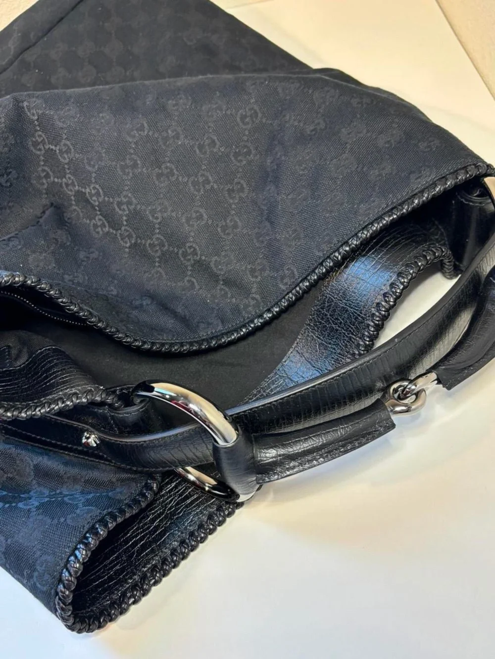 Gucci Black GG Canvas Hobo with Silver Hardware